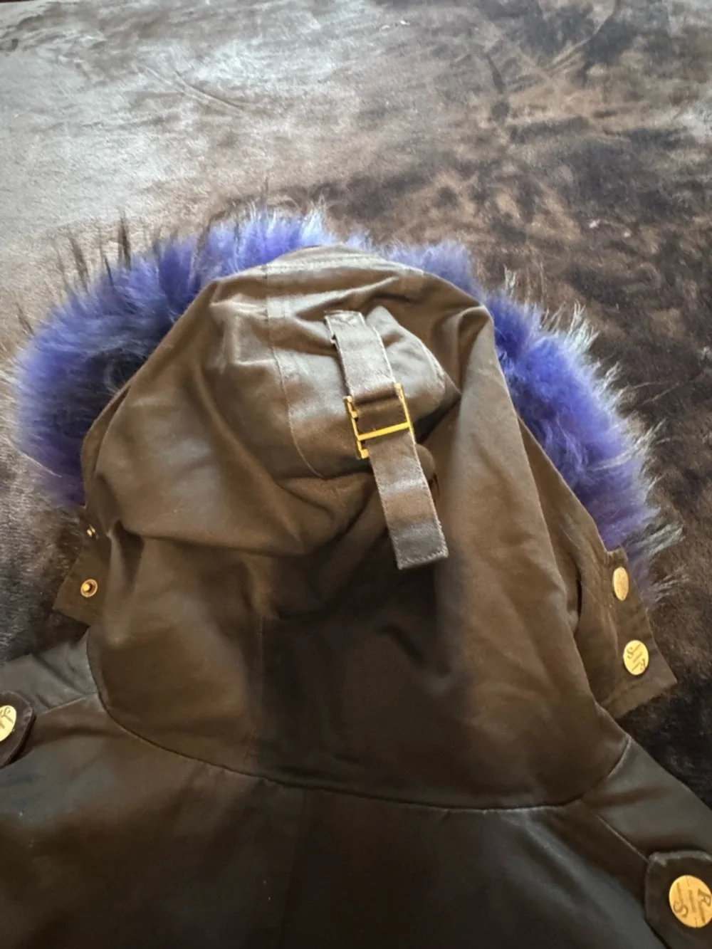 Black Hooded Jacket Blue Rex Rabbit Fur Lining Youth 170 (Fits Adult XS-S)